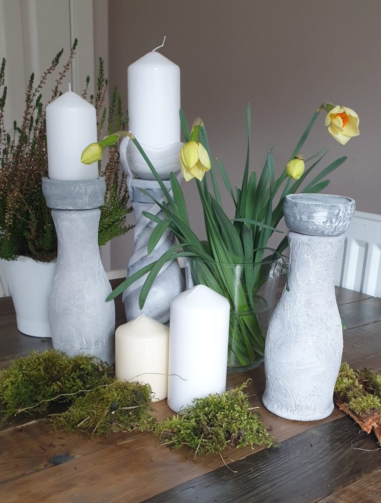 DIY Candlestick Holder- Upcycled Plastic Bottles with Faux Concrete/Stone Finish