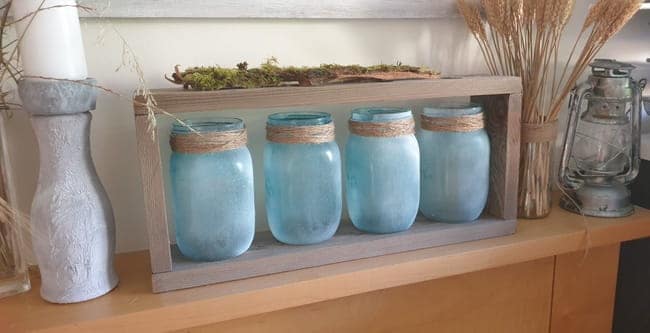 Upcycled faux sea glass mason jars in a wooden frame